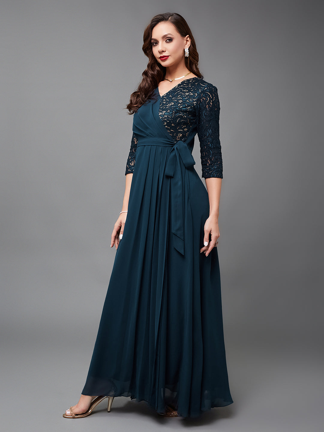 Women's Teal V-Neck 3/4 Sleeve Self-Designed Wrap-Styled Georgette Maxi Dress