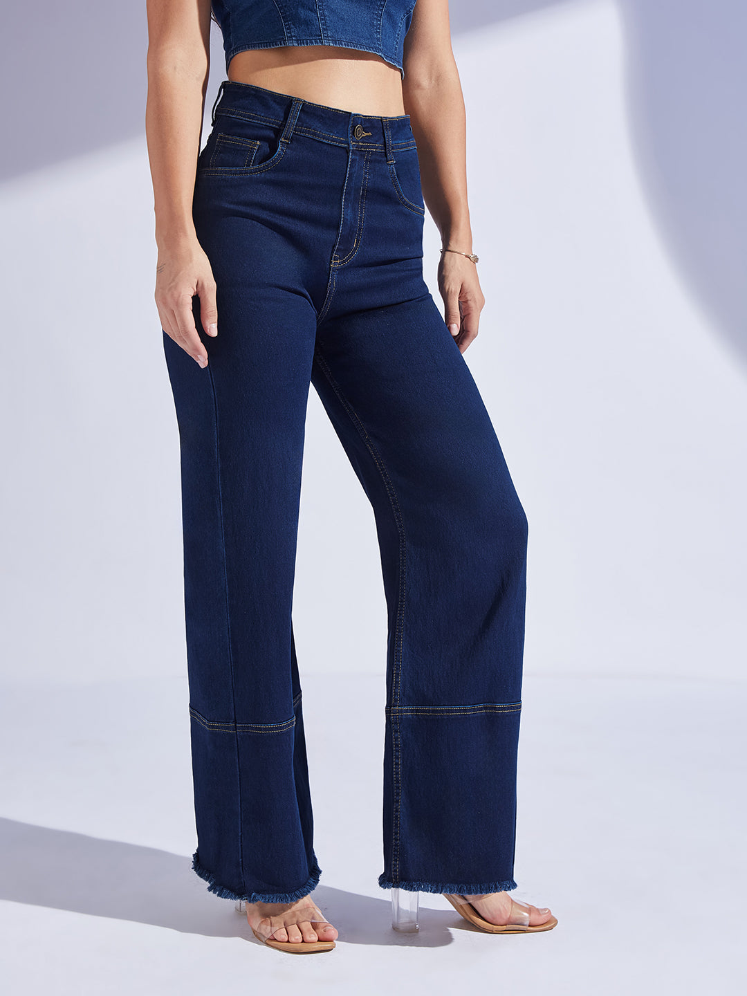 Women's Navy Blue Wide Leg High-Rise Regular-Length Stretchable Denim Jeans