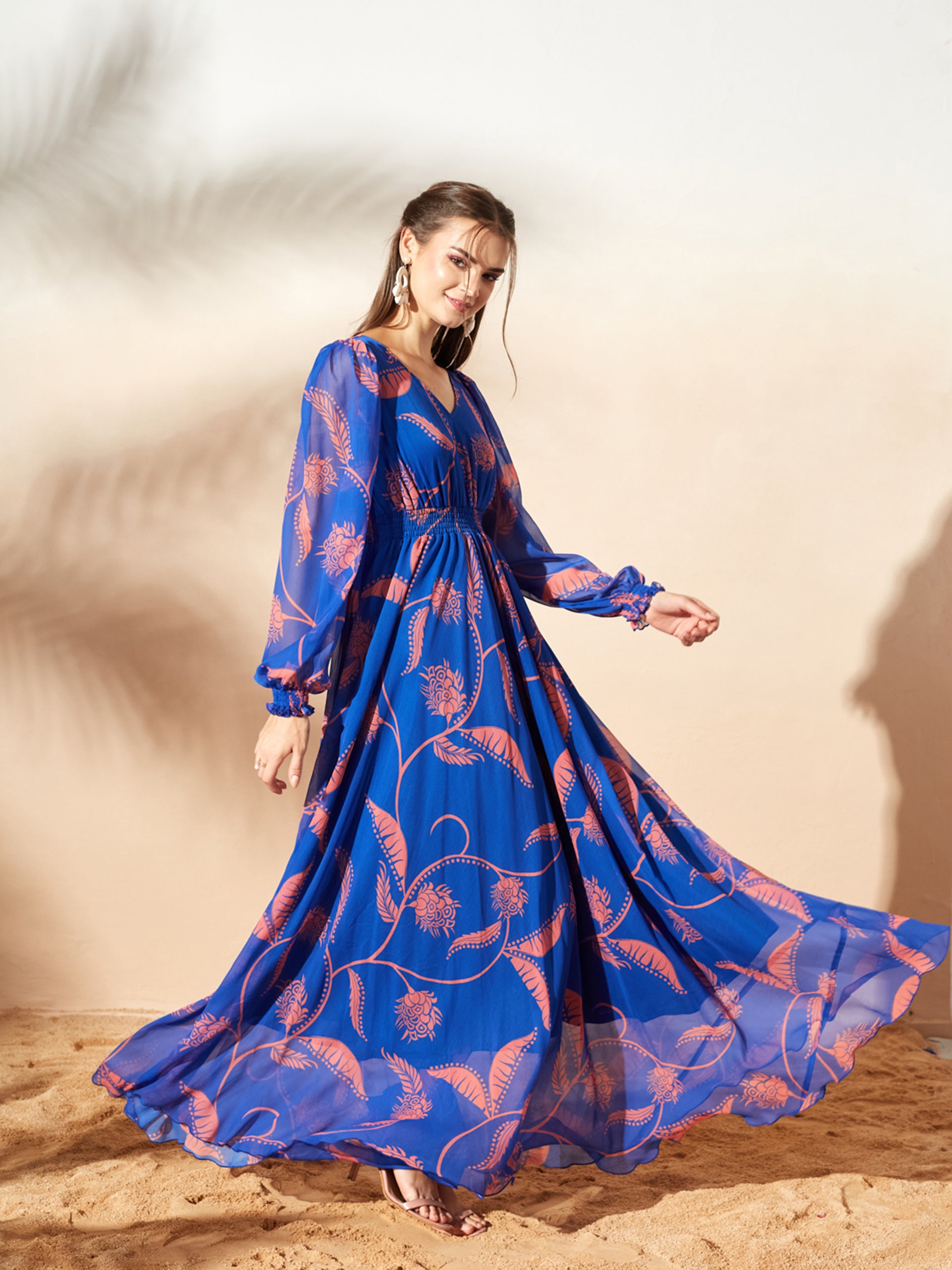 Royal Blue & Coral Full Sleeves Floral Printed Fit and Flare Dress for Women