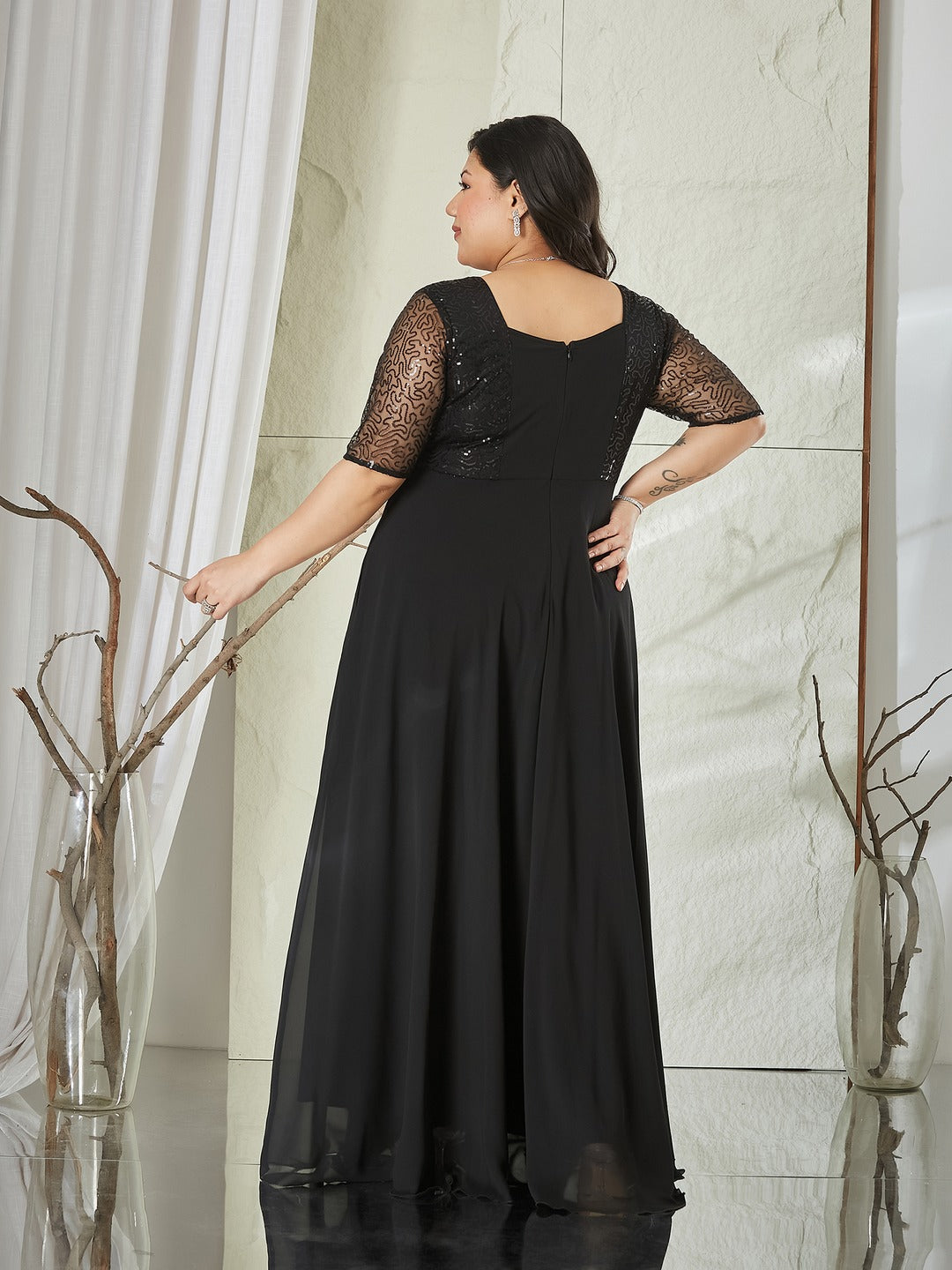Black Square Neck Half Sleeve Solid Embellished Maxi Dress for Women