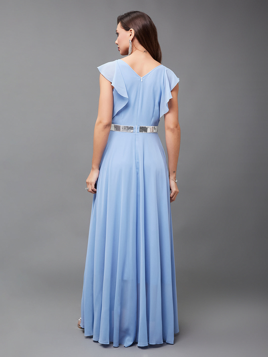 Women's Powder Blue V-Neck Ruffled Sleeve Solid Embellished Maxi Dress