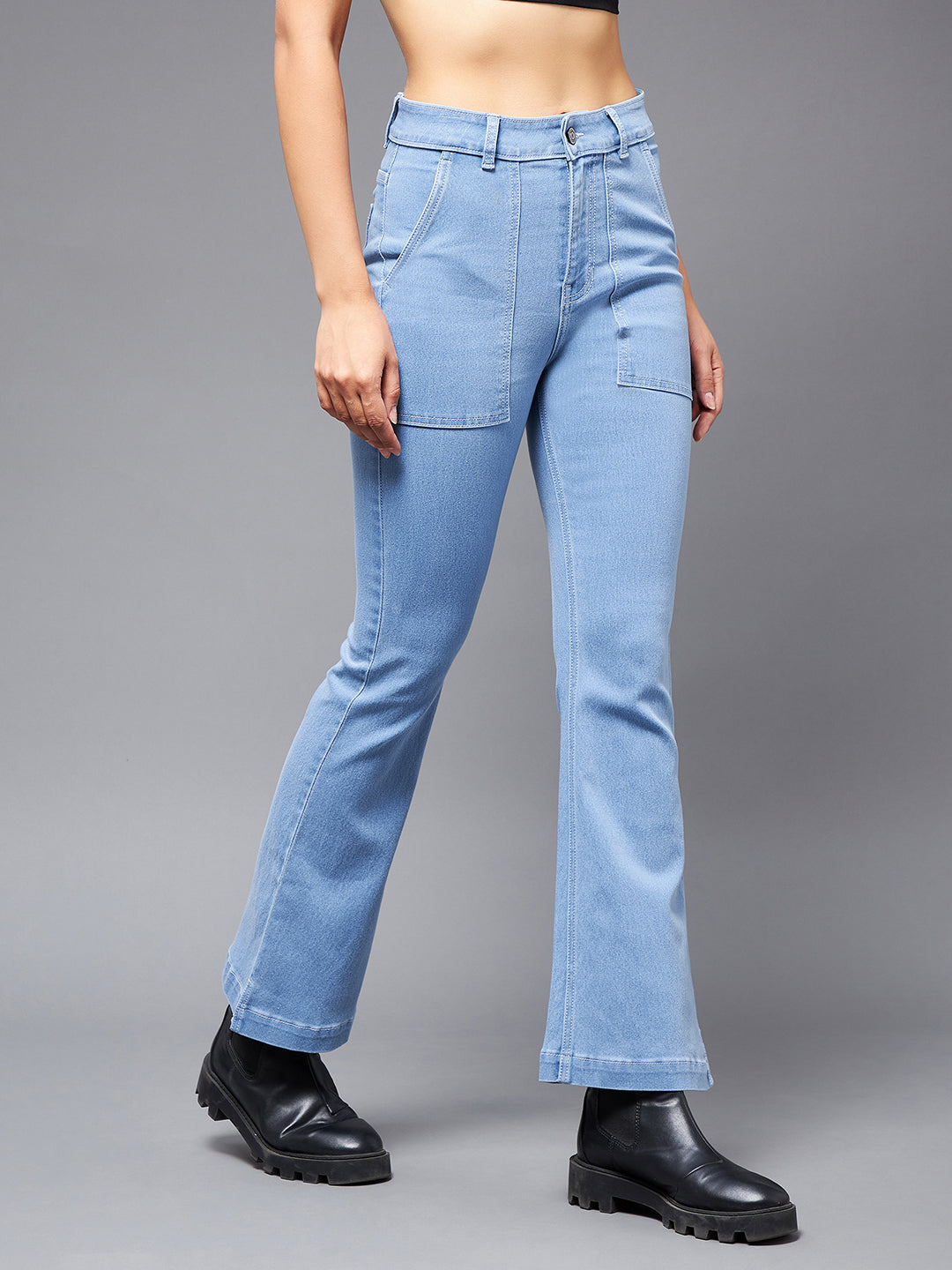 Women's Light Blue Bell Bottom Bootcut Hourglass High rise Stretchable Timeless Denim Jeans