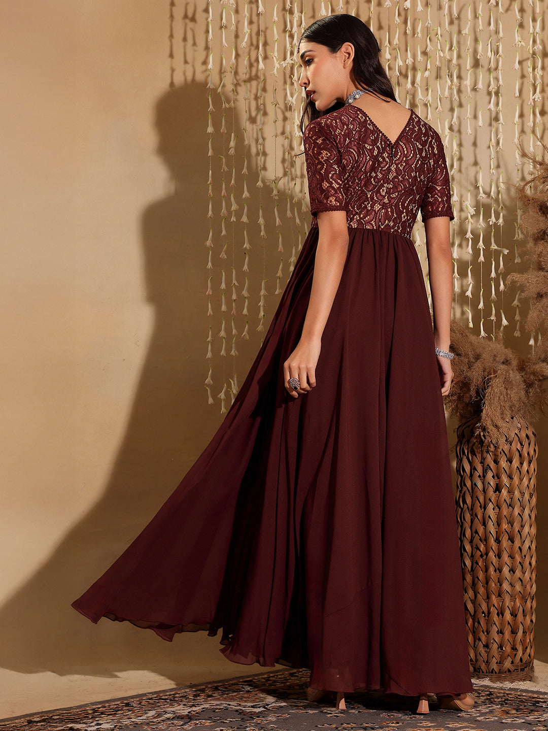Women's Wine V-Neck Half Sleeve Self Designed Wrap Georgette Maxi Dress