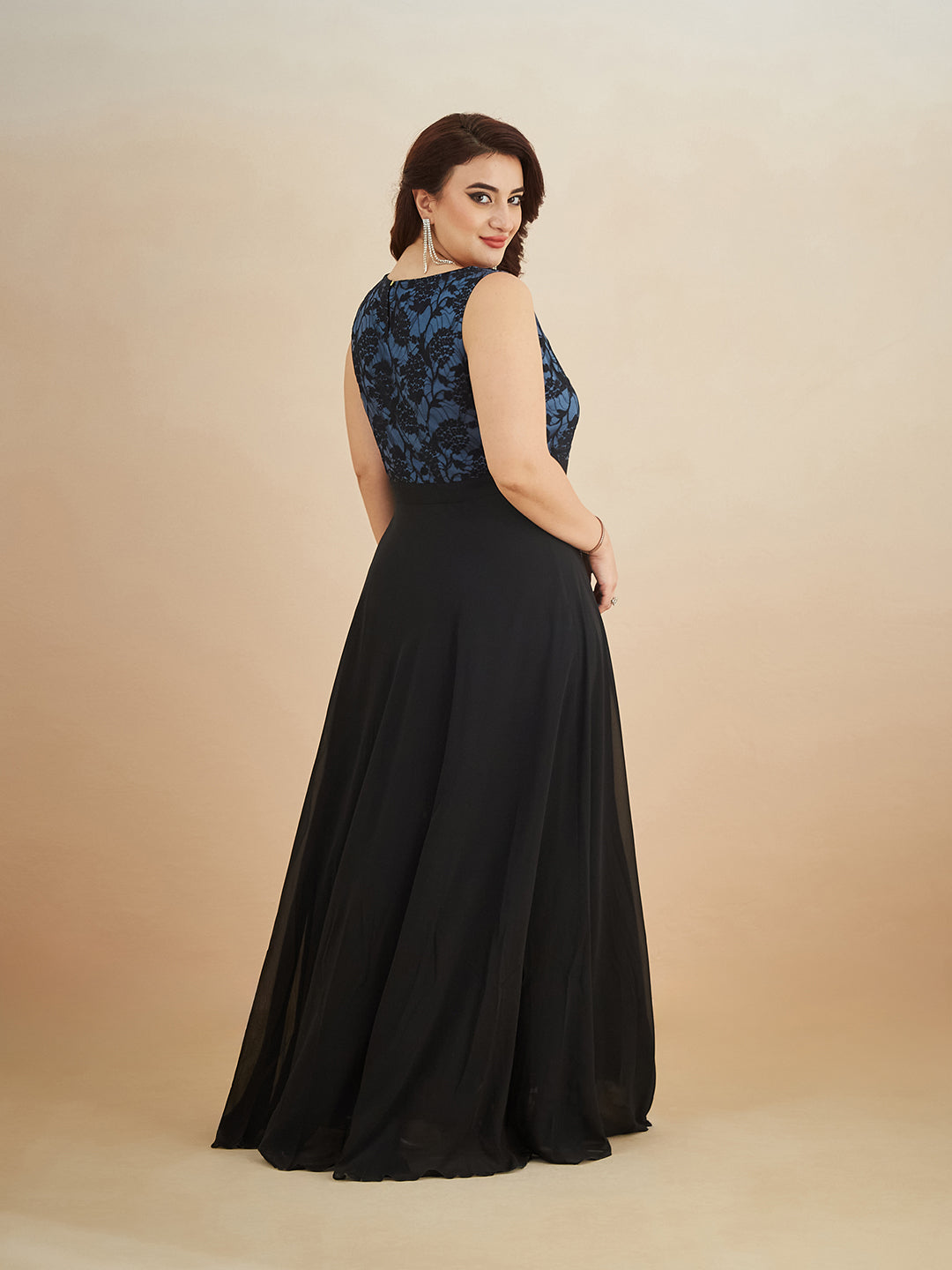 Blue & Black Round Neck Sleeveless Georgette Floral Lace Fit & Flare Maxi Dress for Women — Miss Chase A+