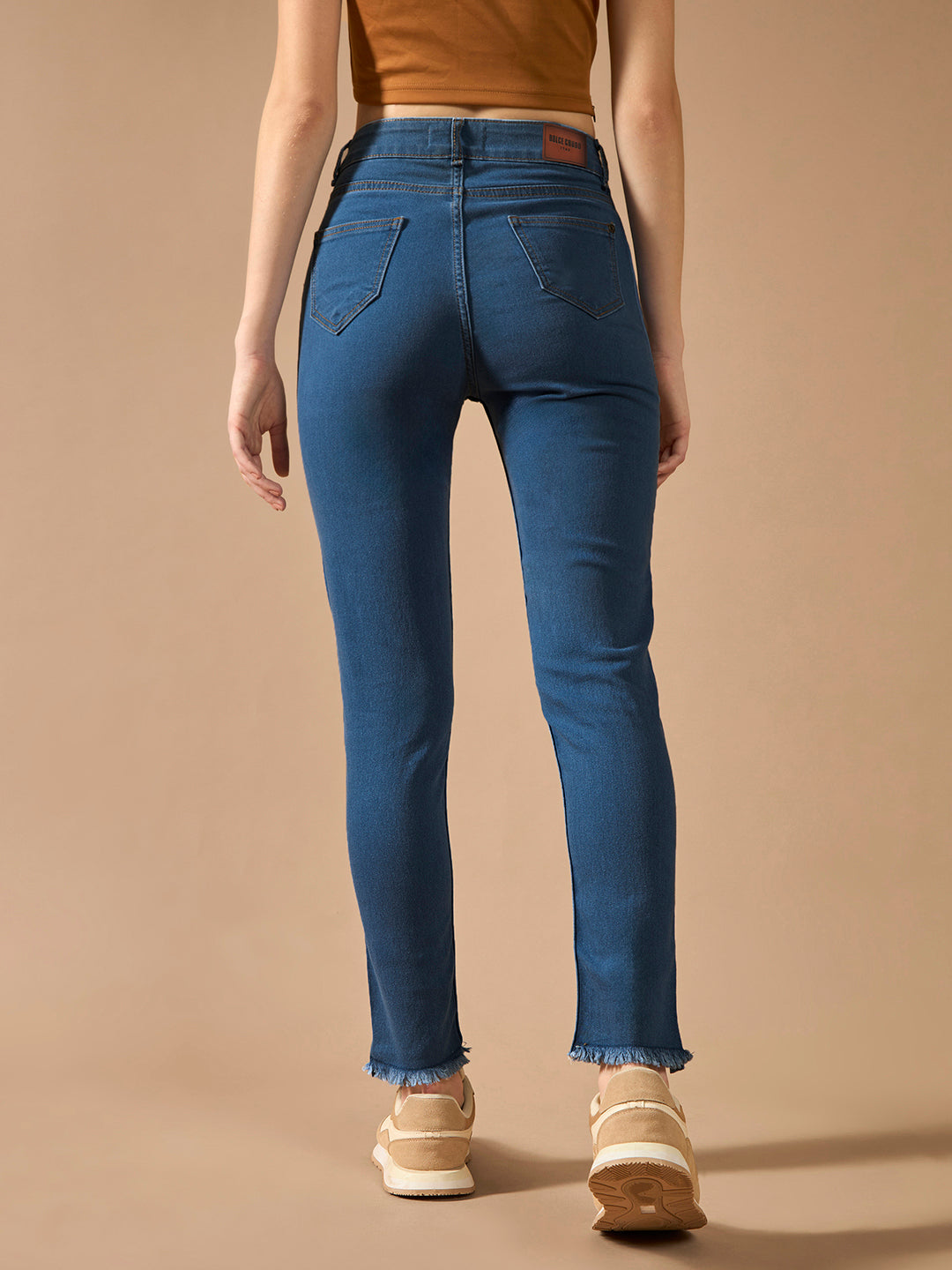 Women's Blue Skinny High-Rise Clean-Look Fringe And Silky Denim Tape Detailing Cropped Denim Jeans