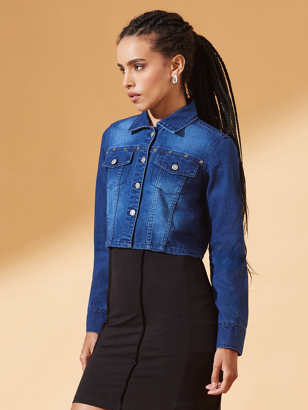 Navy-Blue Solid Polo Neck Full Sleeves Buttoned Denim Embellished Cropped Jacket for Women