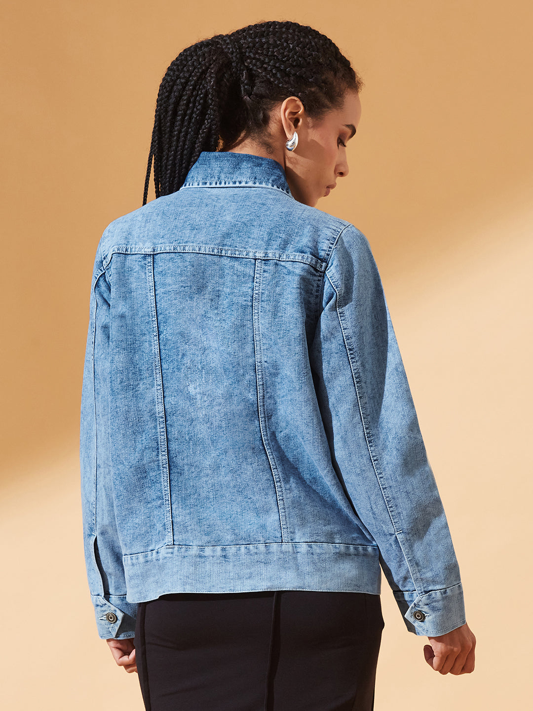 Light-Blue Polo Neck Solid Full Sleeve Bomber Jacket for Women
