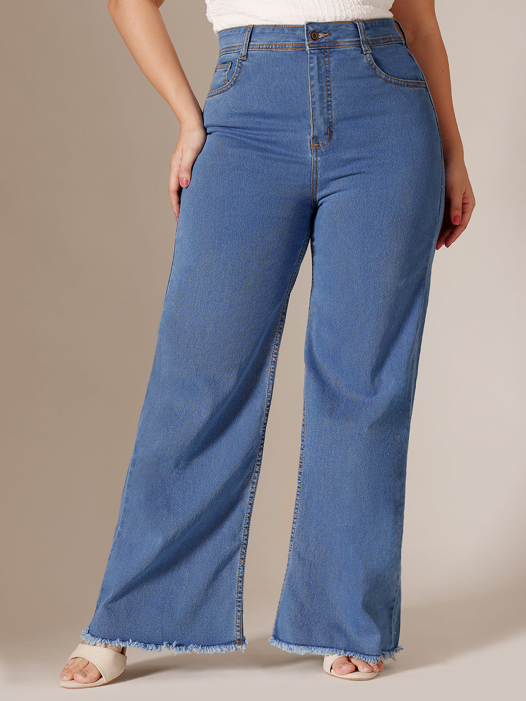 24/7 Comfort Mid Blue Wide-Leg High-Rise Clean-Look Regular-Length Stretchable Denim Jeans for Women