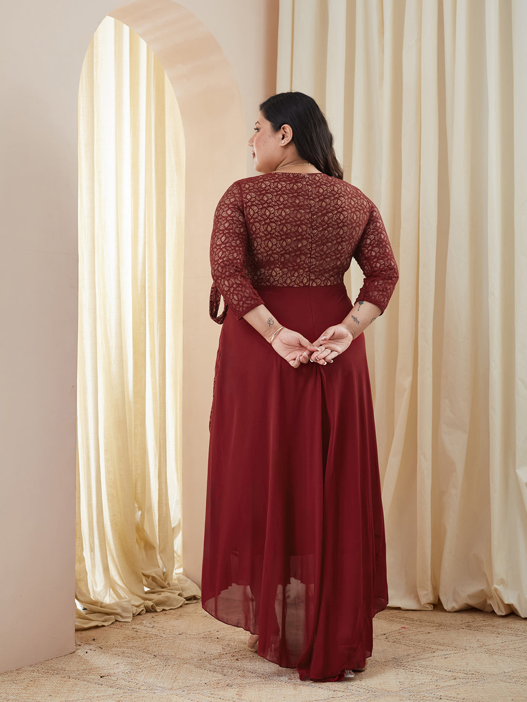 Maroon Floral Printed Relaxed Fit V-Neck 3/4th Sleeve Georgette Maxi Dress for Women — Miss Chase A+