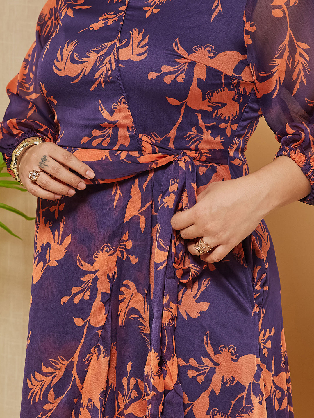 Multicolored-Base-Purple V-Neck Three-Quarter-Sleeves Floral Wrap Chiffon Midi Dress for Women