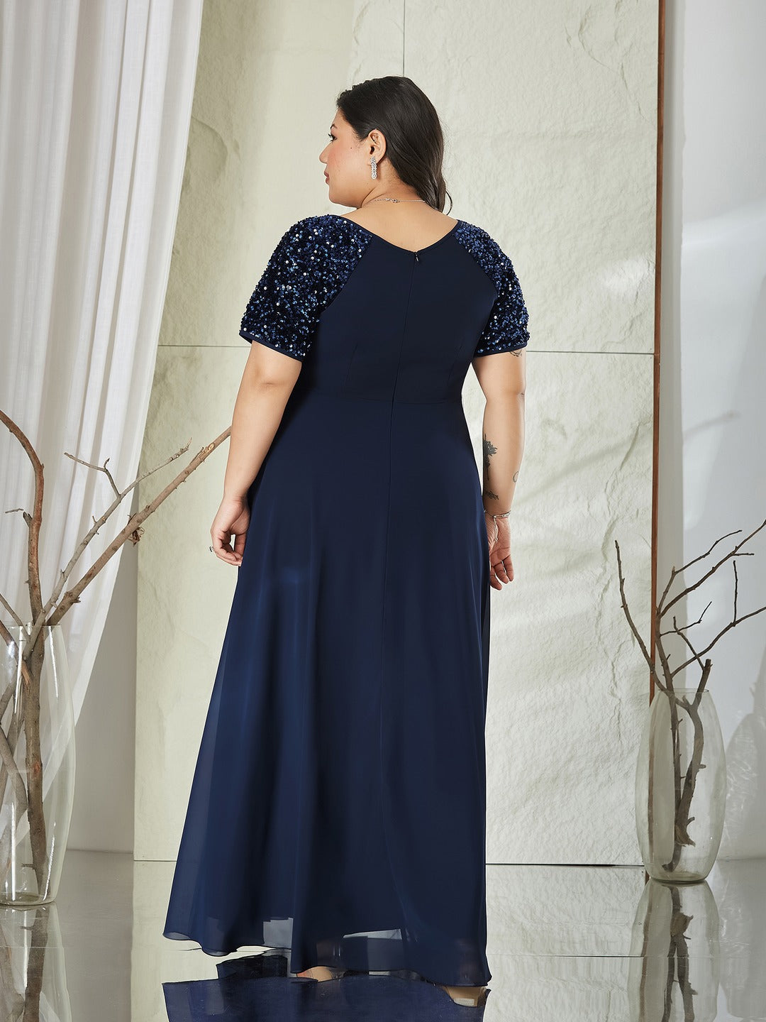 Navy Blue Relaxed Fit Maxi Georgette Dress for Women