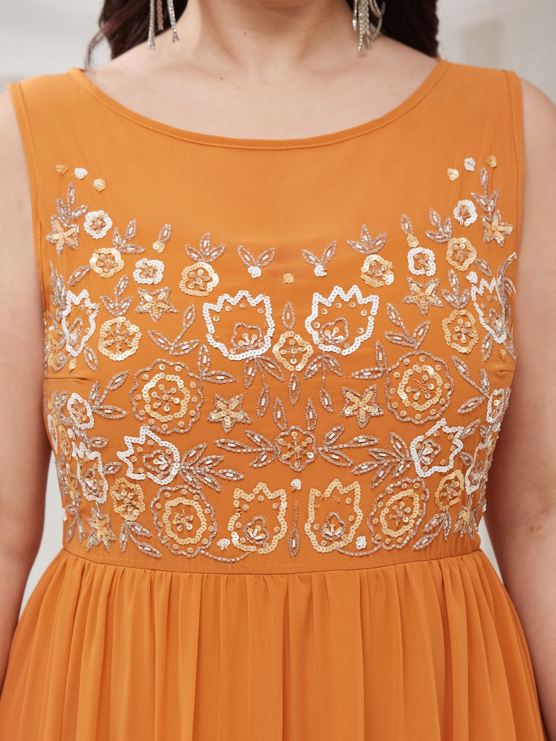Dusty Orange Boat Neck Sleeveless Embroidered Georgette Gathered Maxi Dress for Women — Miss Chase A+