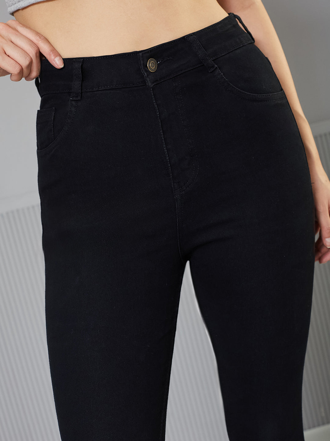 Black Skinny-Fit Fringed Detailing High-Rise Solid Cropped Stretchable Denim Jeans for Women — Miss Chase