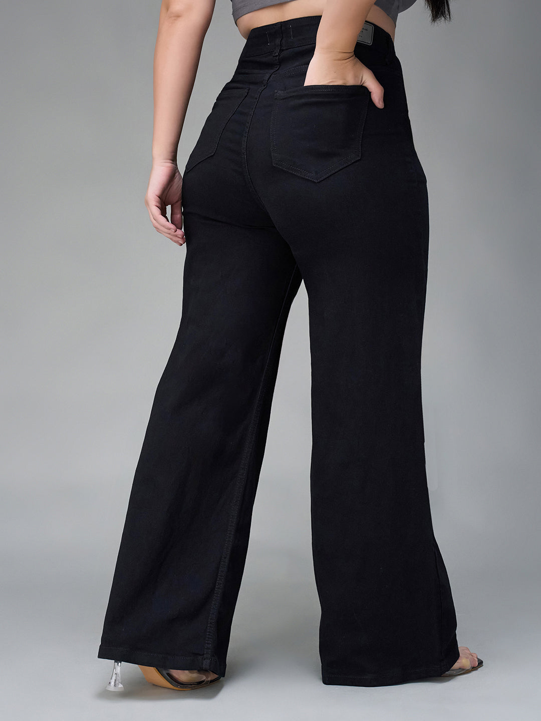 Women's Black Wide Leg High Rise Stretchable Denim Jeans