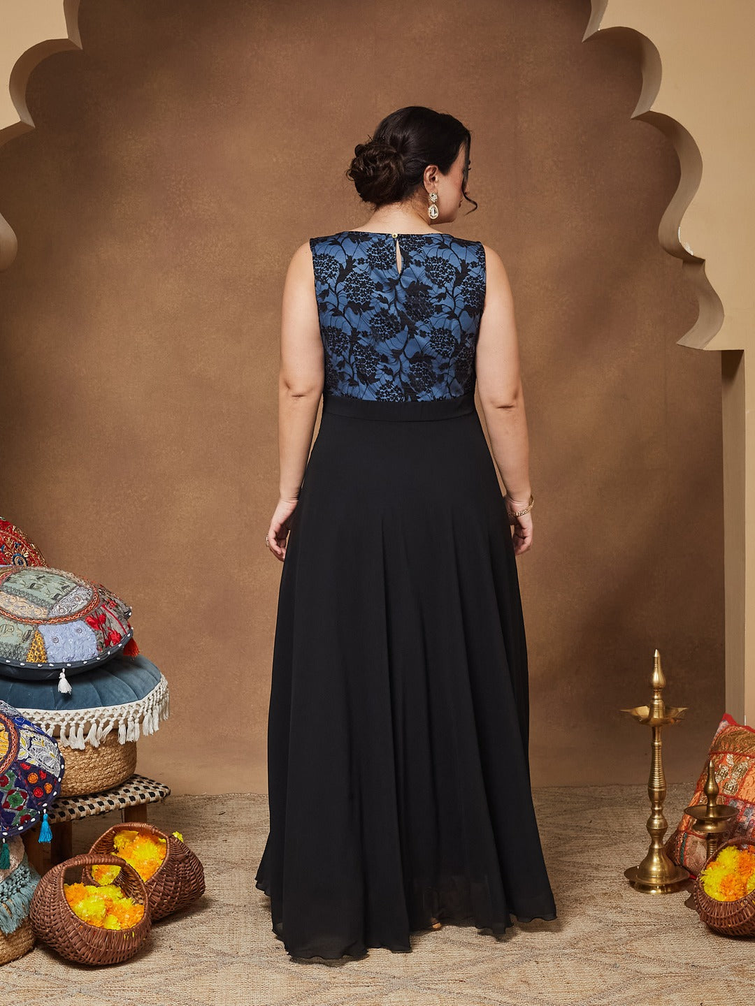 Blue & Black Round Neck Sleeveless Georgette Floral Lace Fit & Flare Maxi Dress for Women — Miss Chase A+