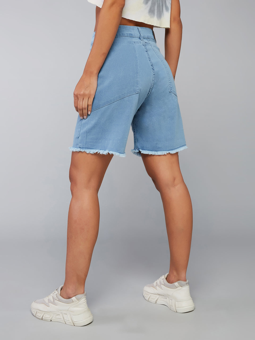 Light-Blue Regular High-Rise Above Knee Stretchable Denim Shorts for Women