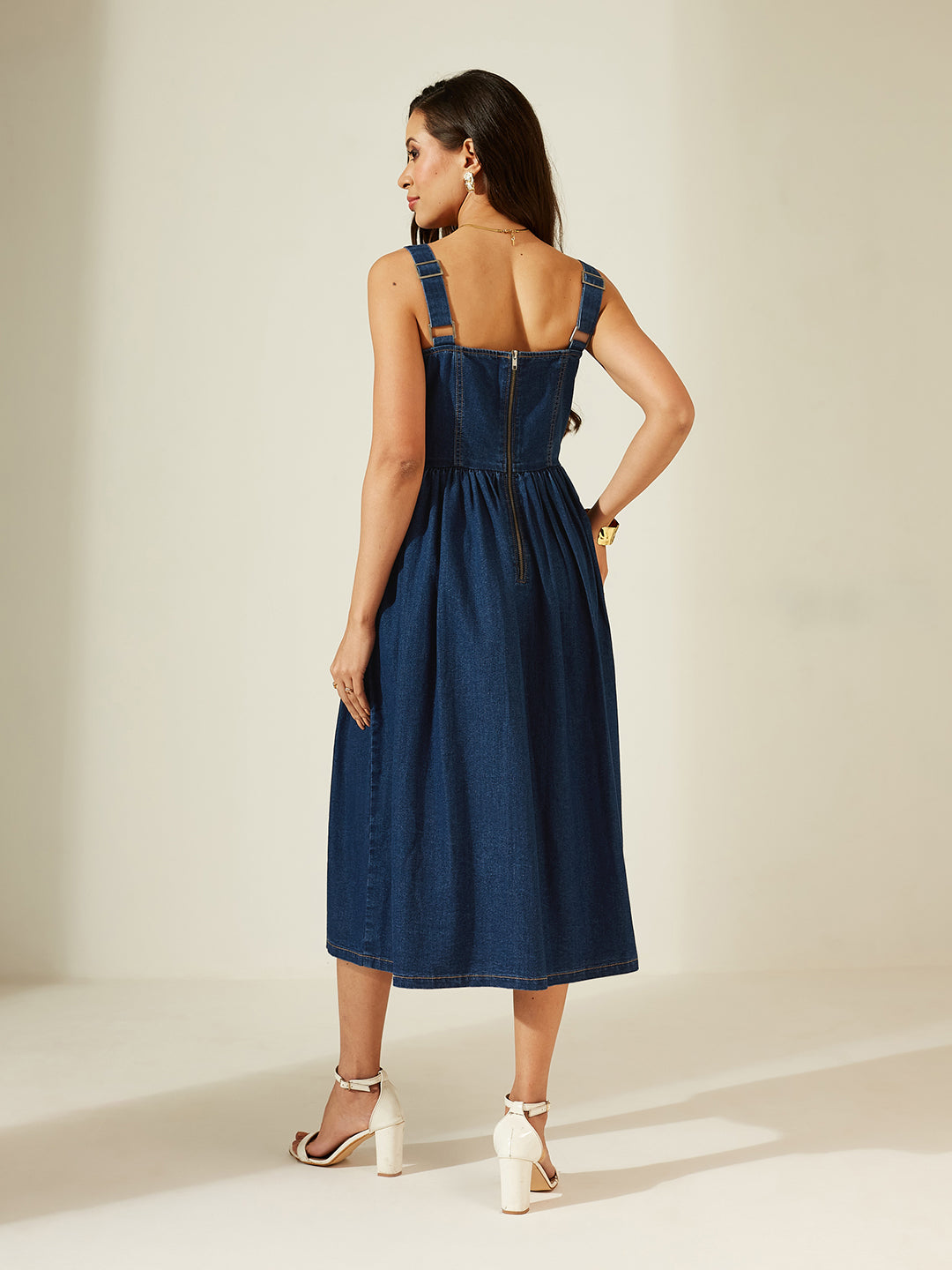 Navy Blue Sweetheart Bustier Gathered Midi Denim Dress For Women