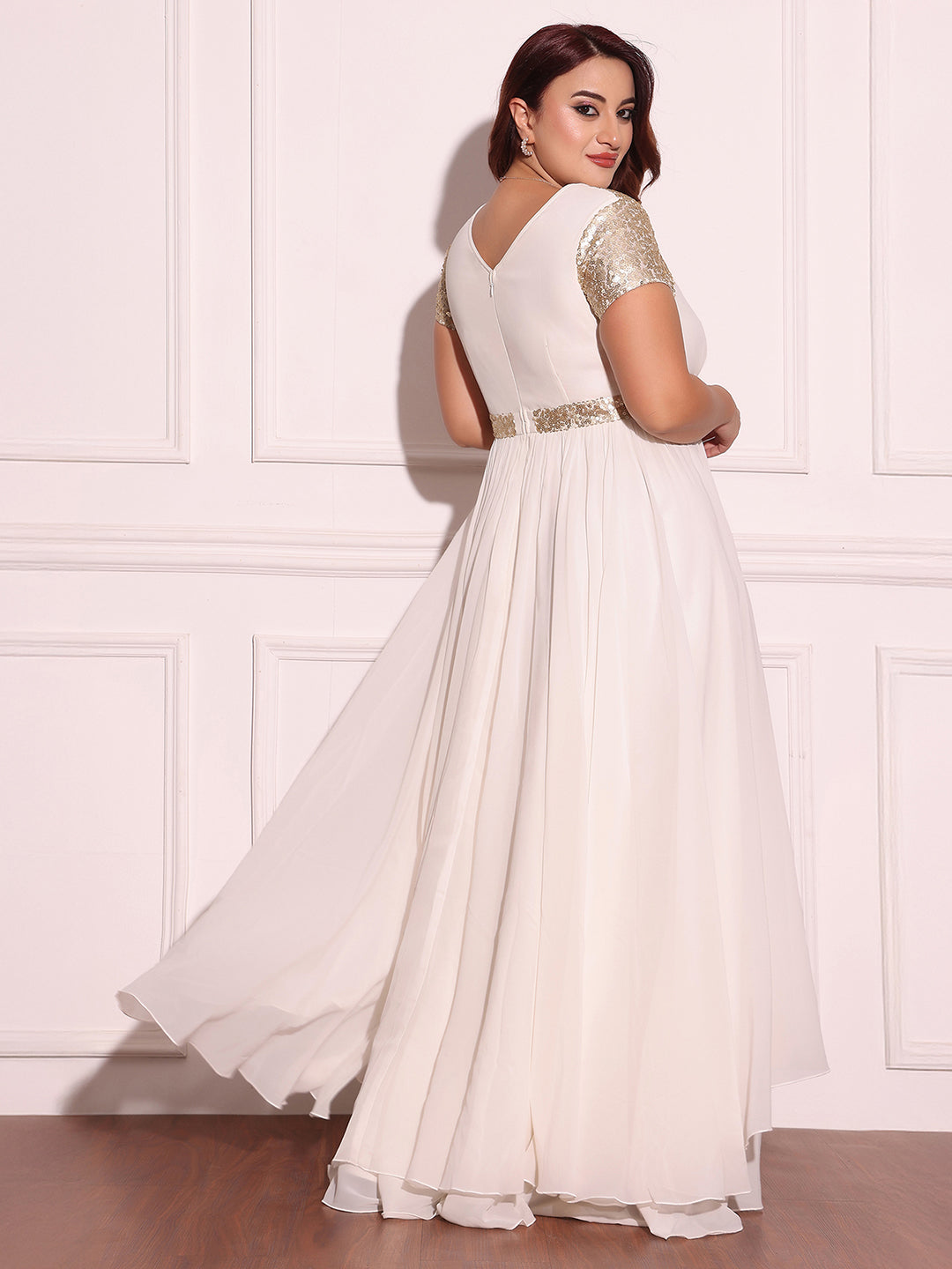 Women's Off White Keyhole-Neck Short-Sleeved Embellished Layered Georgette Maxi Dress
