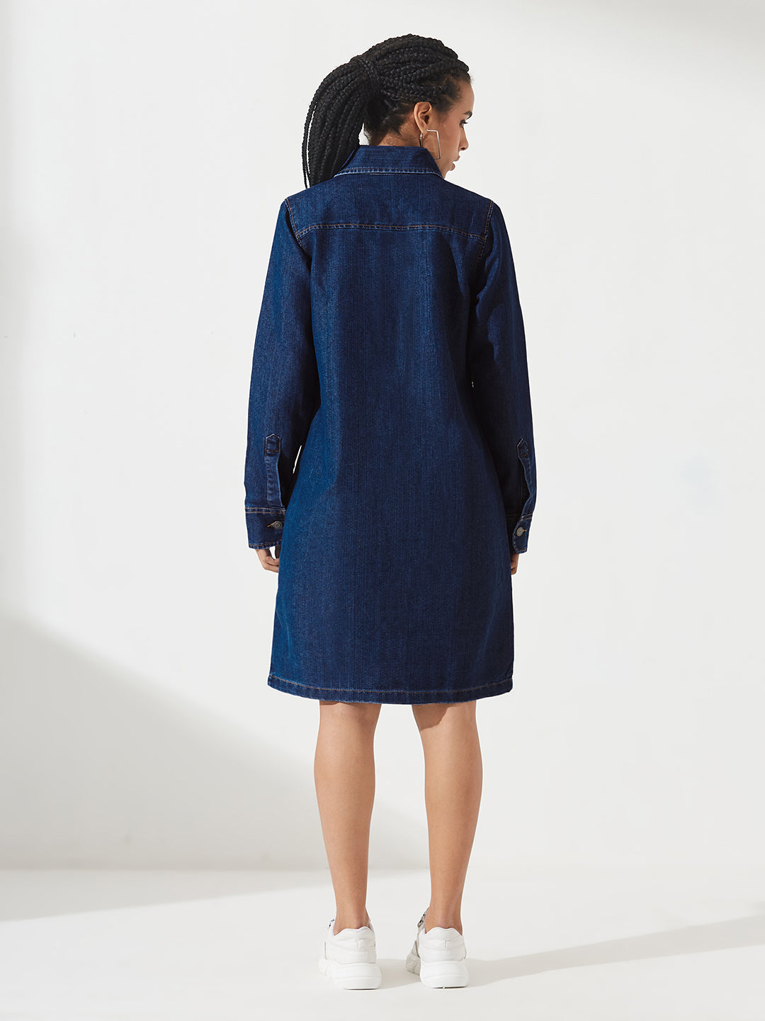 Navy-Blue Solid Polo Neck Full Sleeves Patch Pocket Denim Overcoat Knee-Length Jacket for Women