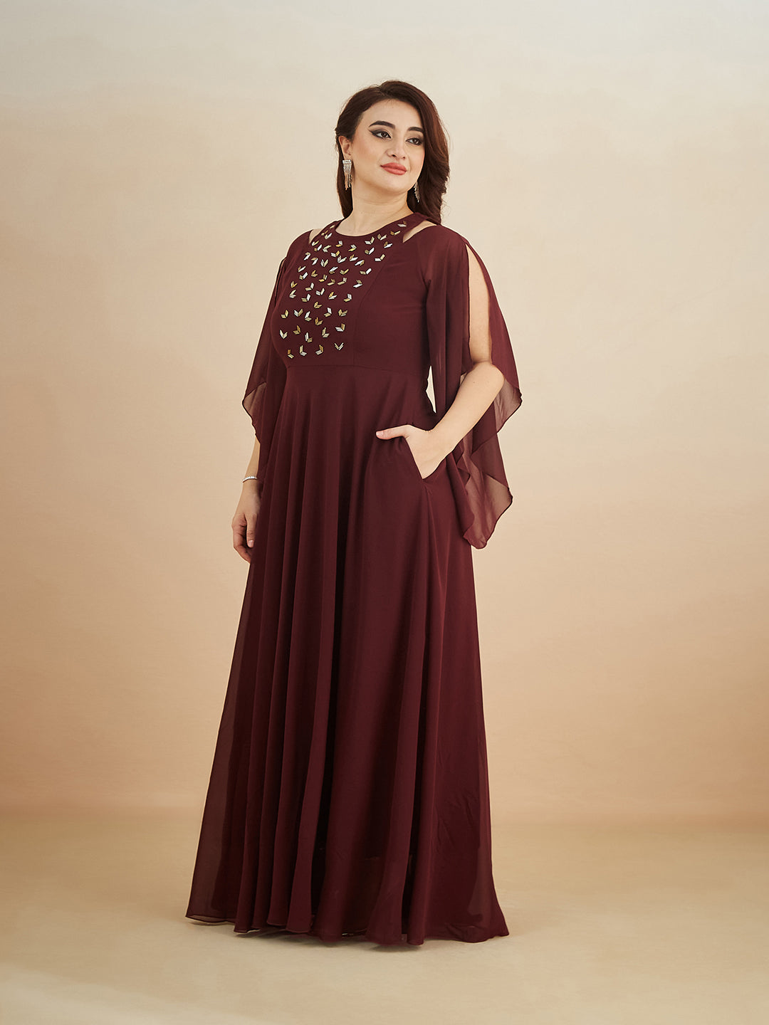 Wine Solid Relaxed Fit Round Neck Flared Sleeve Maxi Dress for Women — Miss Chase A+