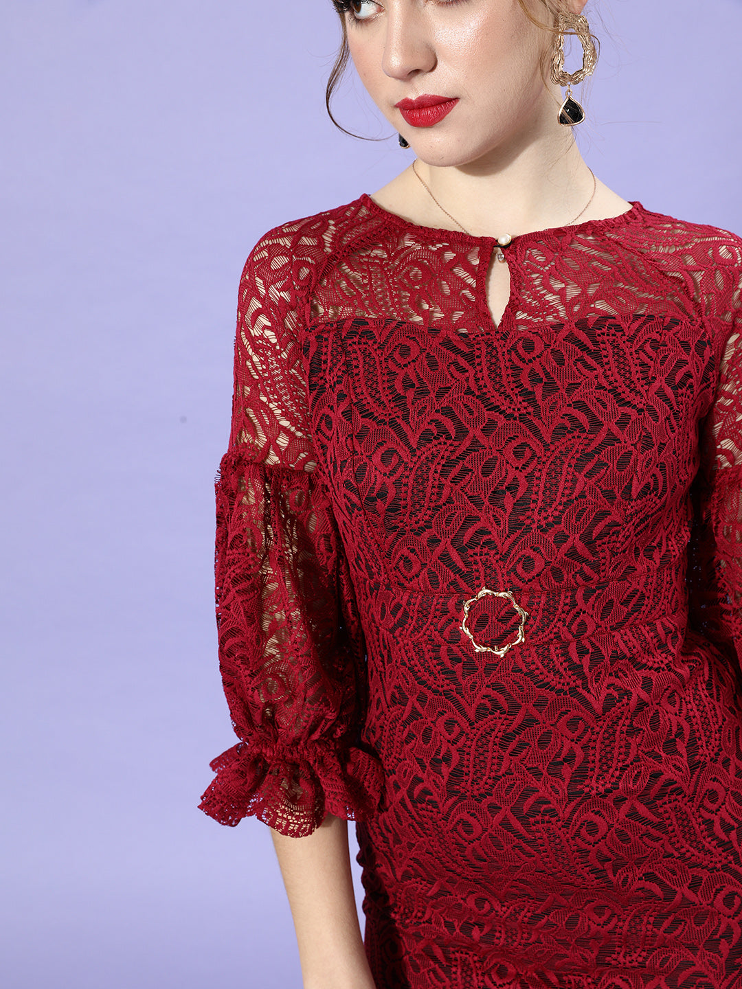 Women's Maroon Round Neck Puff Sleeve Floral Lace Overlaid Midi Dress