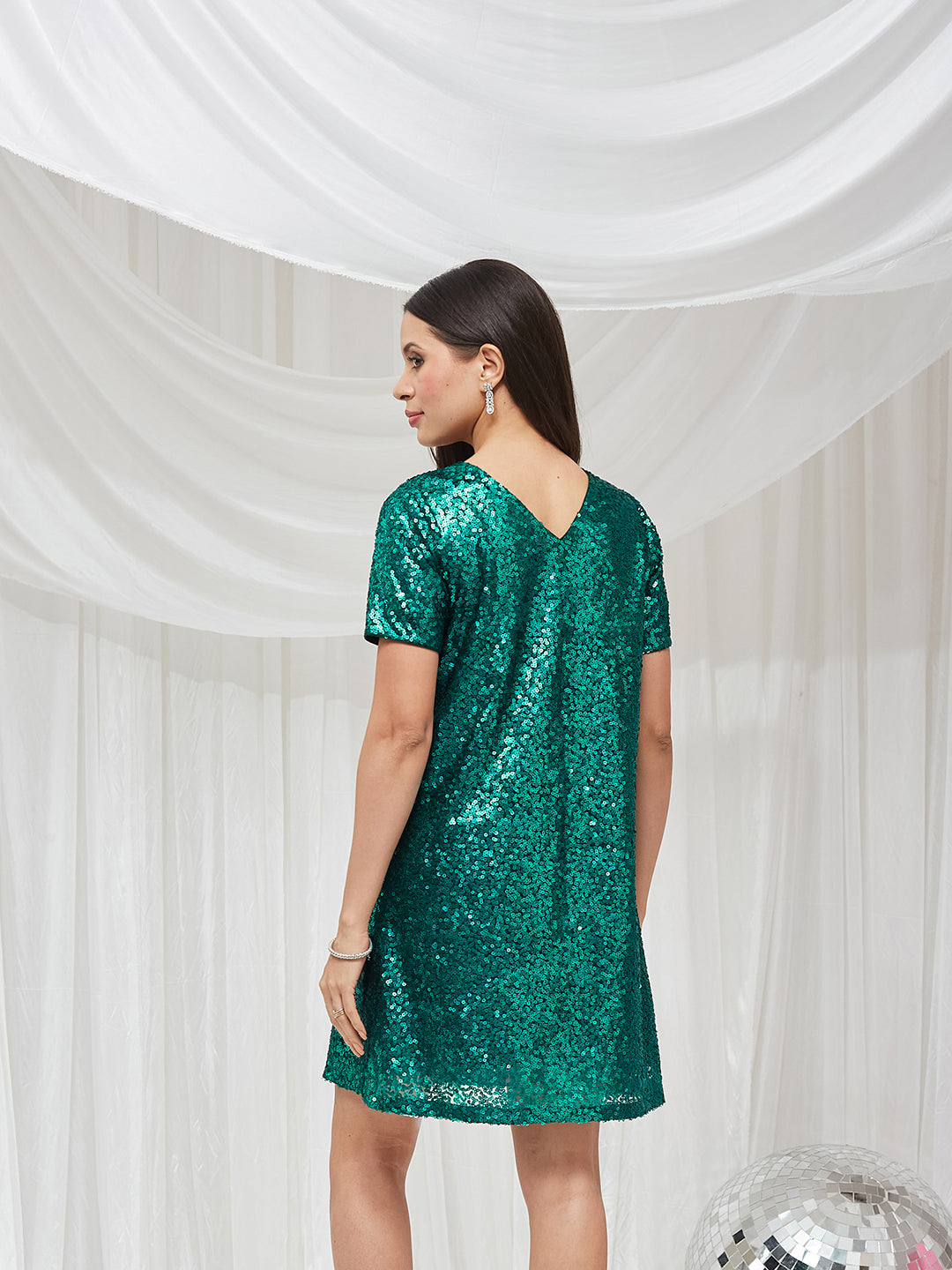 Emerald Round Neck Half Sleeve Embellished A-Line Mini Sequined Dress for Women — Miss Chase