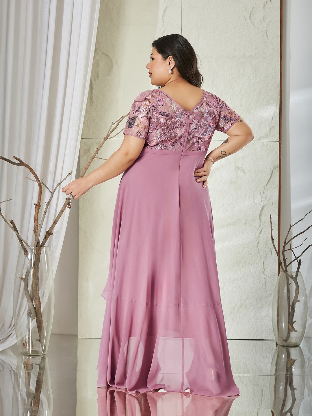 Dusty Lavender Round Neck Short Sleeve Floral Layered Georgette Midi Dress for Women
