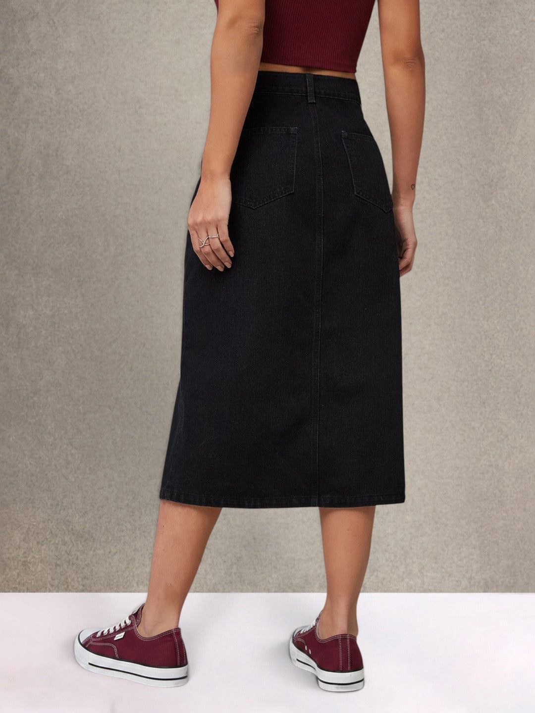 Black Straight-Fit High-Rise Stretchable Denim Midi Skirt for Women