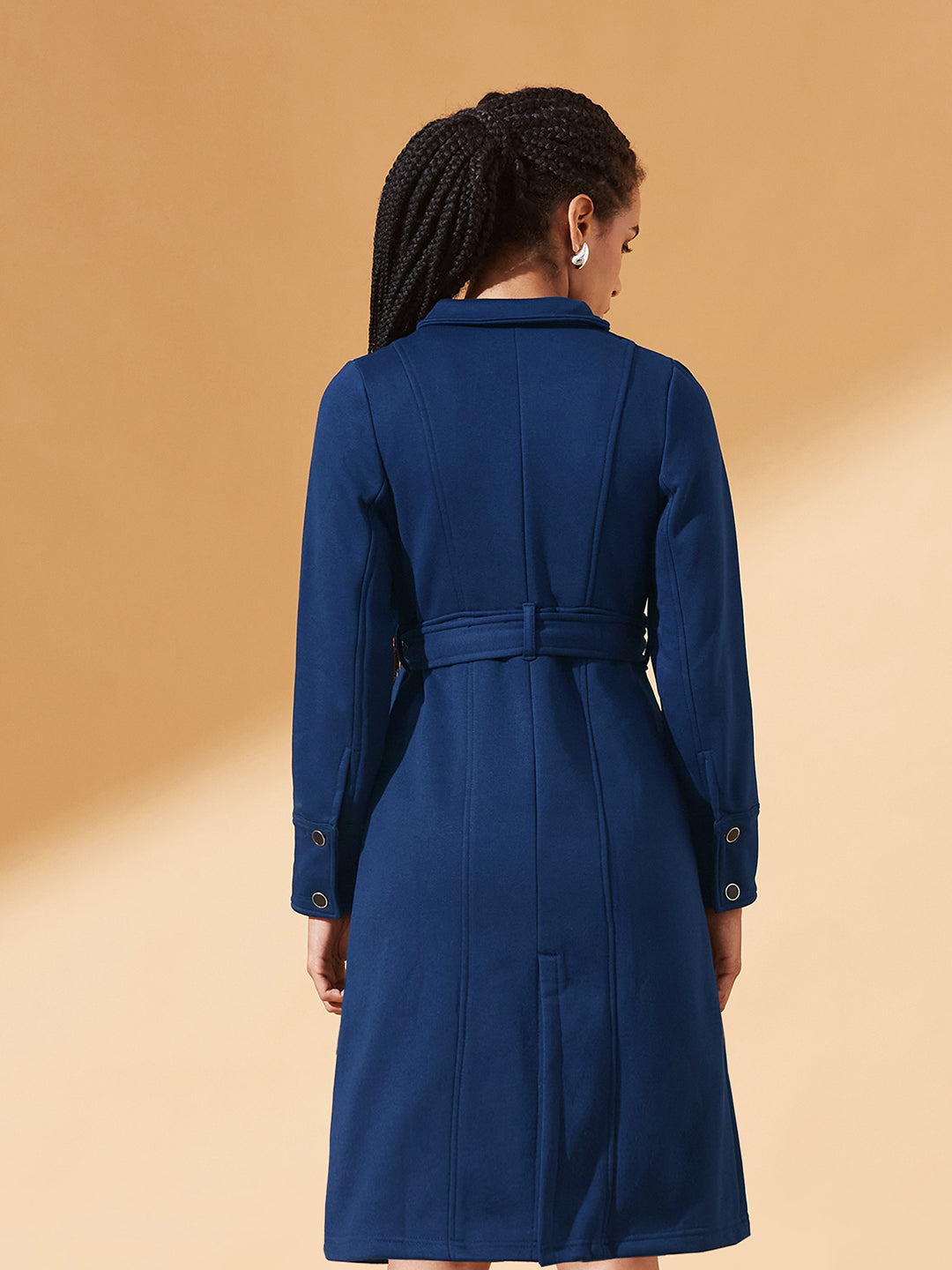 Navy-Blue Collared Full Sleeve Solid Tie-up Longline Jacket for Women
