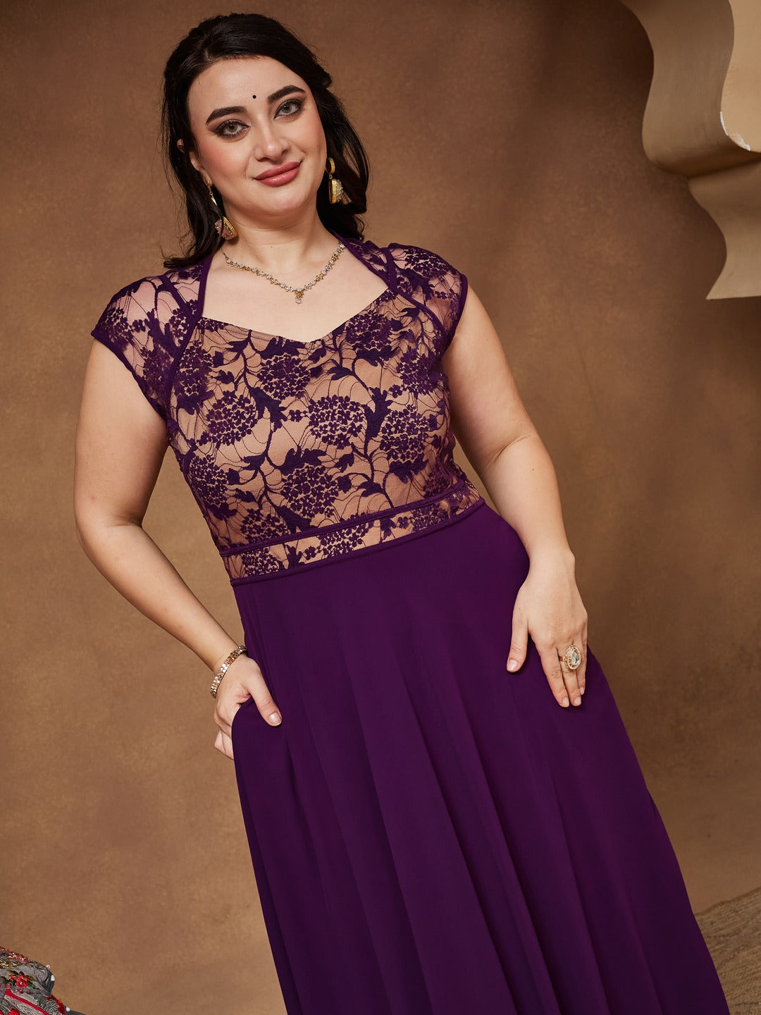 Dark Purple Sweet-Heart Neck Cap-Sleeve Floral Fit & Flare Georgette Maxi Dress for Women