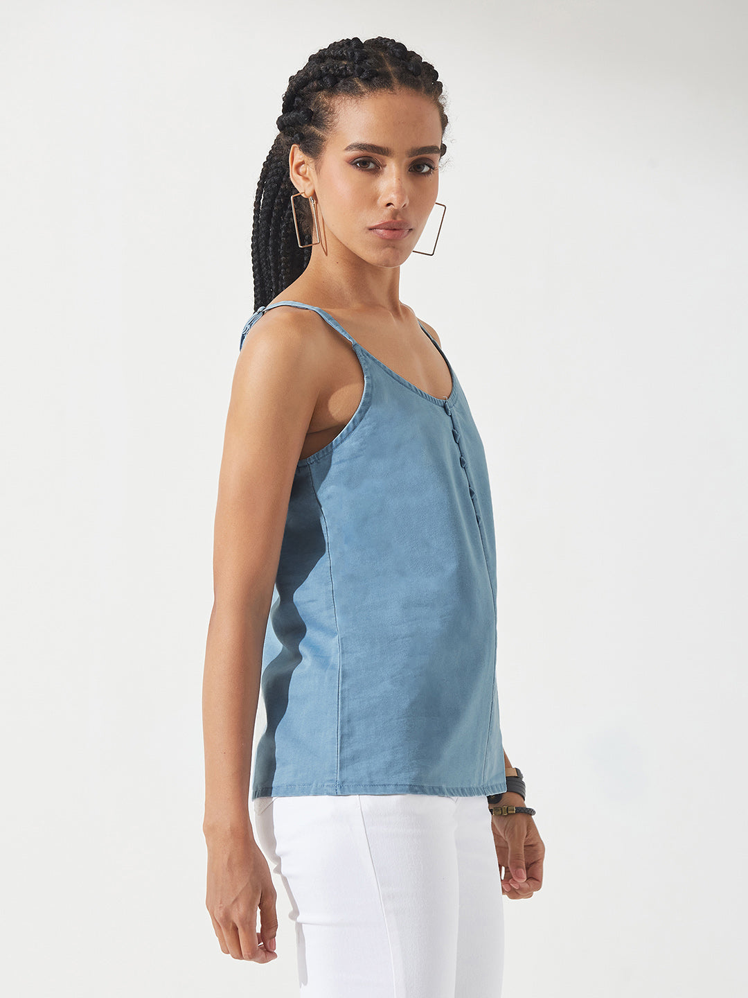 Light-Blue V Neck Sleeveless Cotton Solid Denim Spaghetti Top for Women