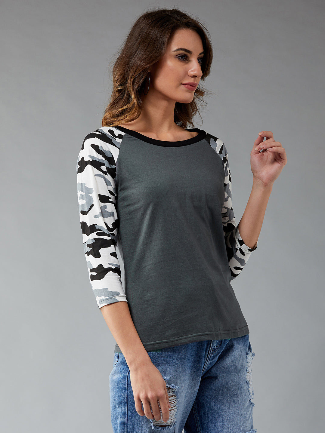 Women's Charcoal grey Round Neck 3/4th Sleeve Printed Basic Regular T-Shirt