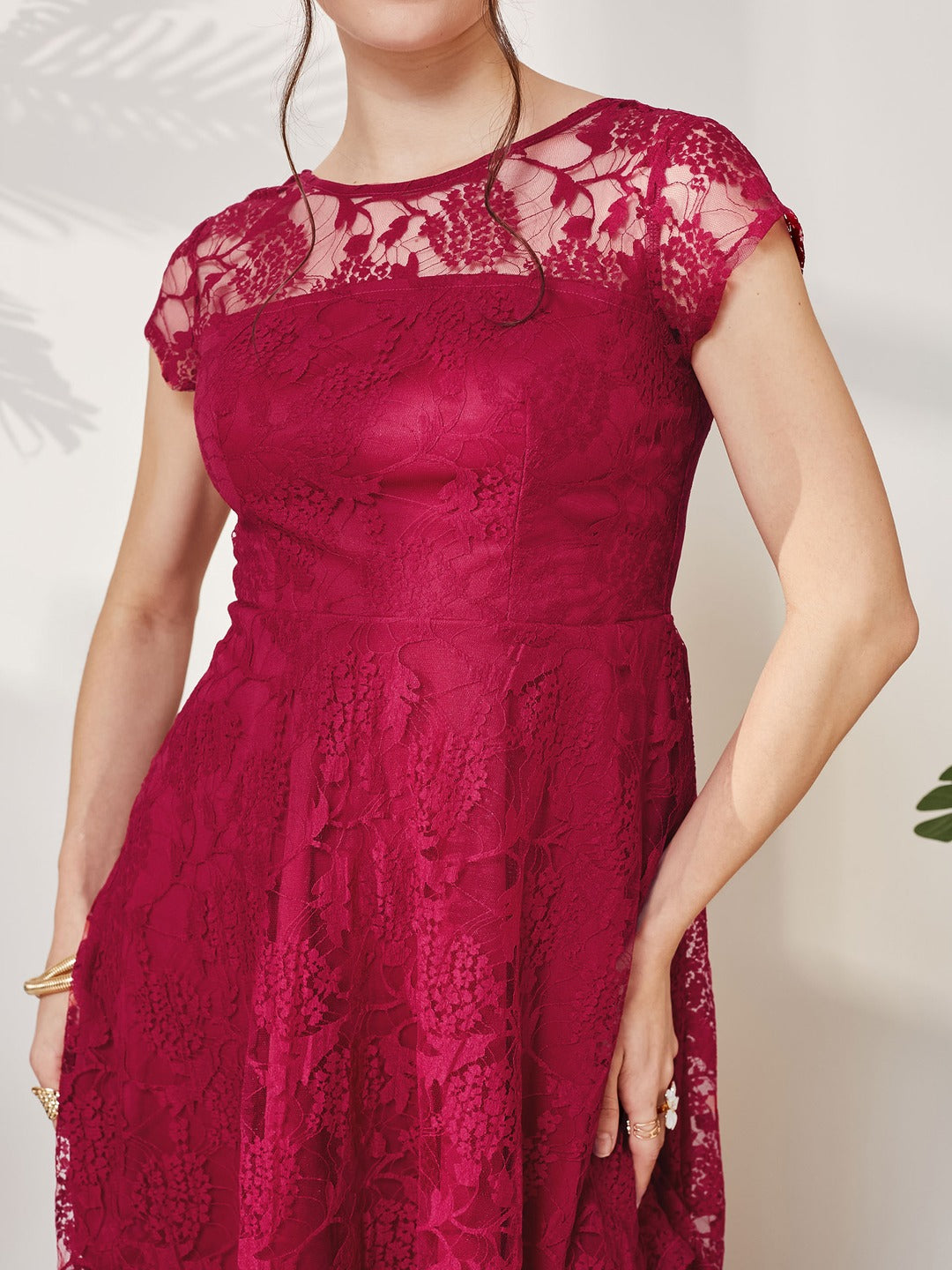 Dark Pink Round Neck Cap Sleeves Low Back Lace Skater Dress for Women