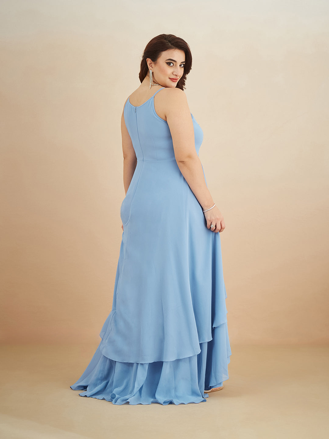 Powder Blue Halter-Neck Sleeveless Embroidered Layered Georgette Maxi Dress for Women