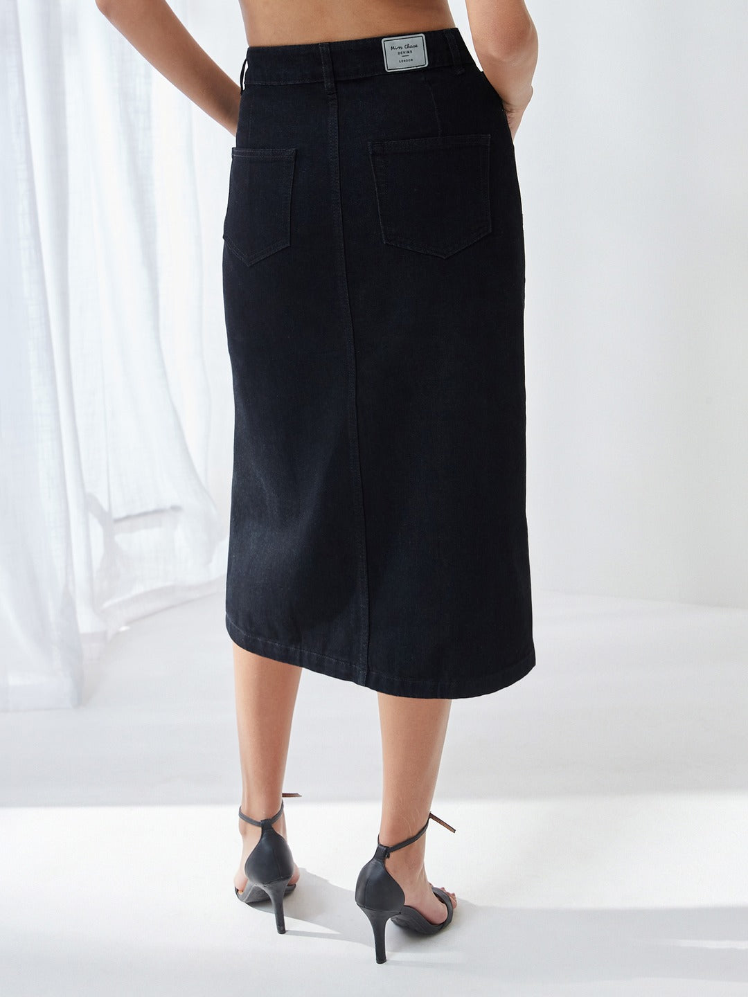 Black Straight-Fit High-Rise Stretchable Denim Midi Slit Skirt for Women