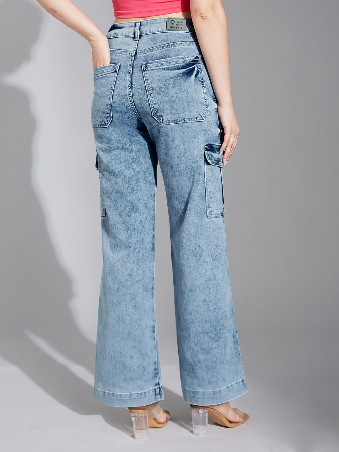 Women's Light Blue Wide-Leg High-Rise Clean-Look Stretchable Flared Cargo Style Denim Jeans