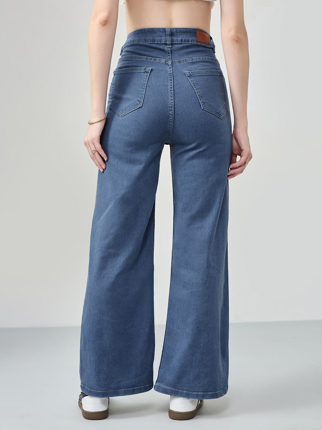 Blue Wide-Leg High-Rise Stretchable Denim Jeans for Women