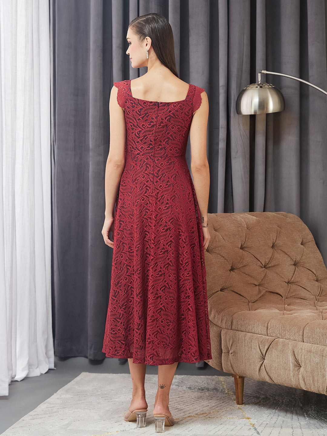Maroon Square Neck Sleeveless Self-Designed Ruffled Midi Lace Dress for Women — Miss Chase