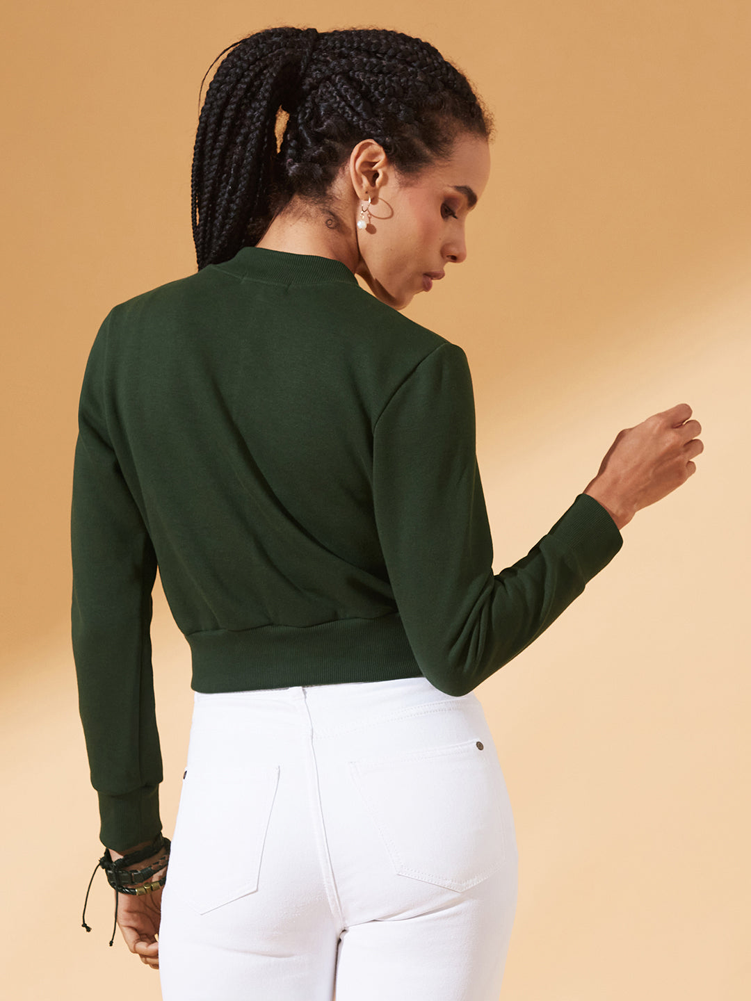 Green Stand Collar Full Sleeves Cotton Boxy/Bomber Cropped Jacket for Women