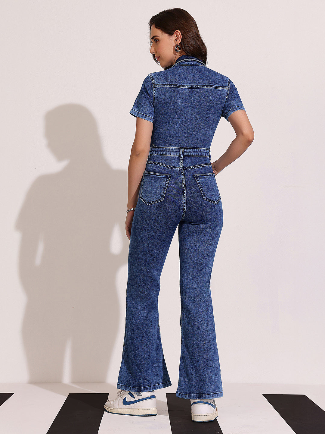Women's Navy Blue Flared High Rise Regular Stretchable Denim Jumpsuit