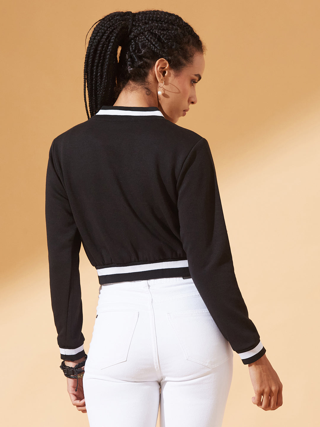Black V-Neck Full Sleeves Loopknit, Rib Solid Bomber Cropped Jacket for Women