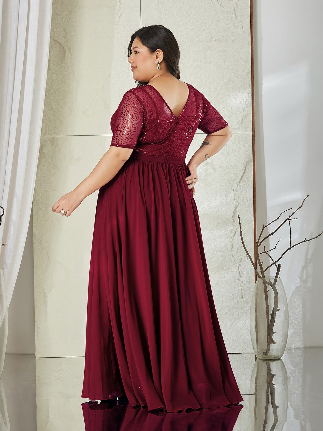 Maaroon Relaxed Fit Maxi Georgette & Sequins Dress for Women