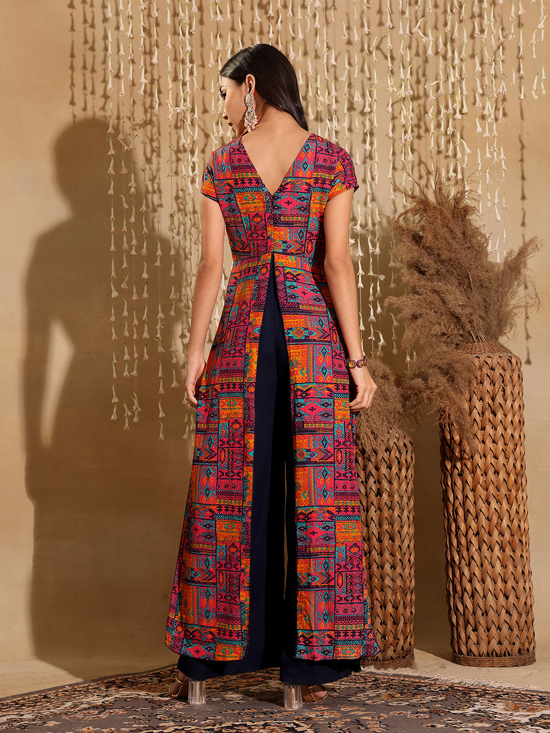 Women's Multicolored Keyhole-Neck Regular-Sleeve Bohemian Paneled Viscose-Rayon Regular-Length Jumpsuit