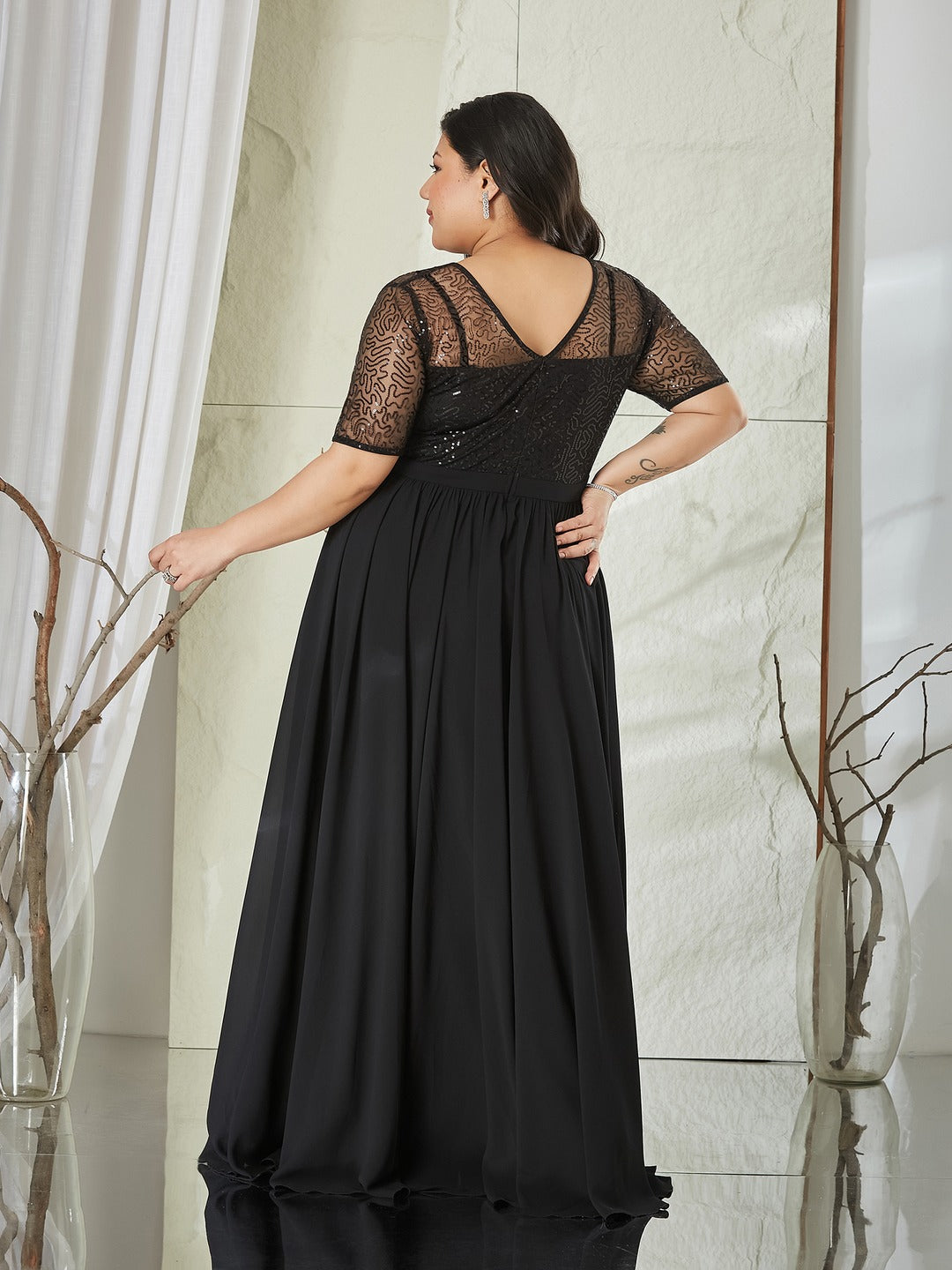 Black Relaxed Fit Maxi Georgette & Sequins Dress for Women