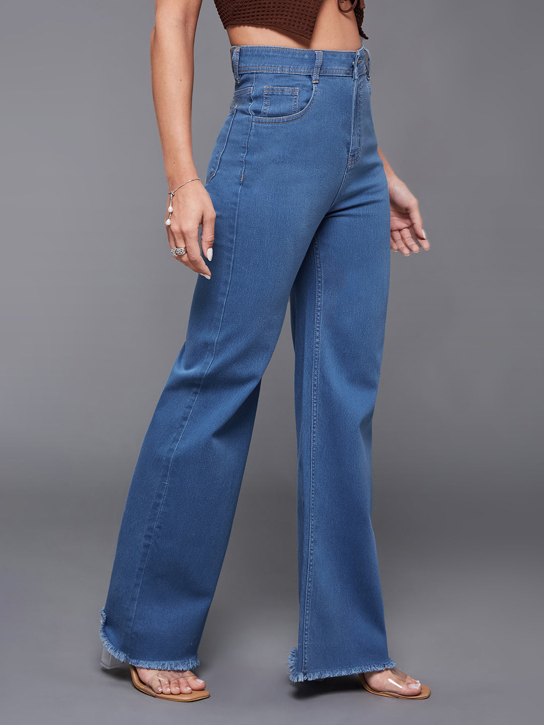 24/7 Comfort Women's Mid Blue Wide-Leg High-Rise Stretchable Denim Jeans