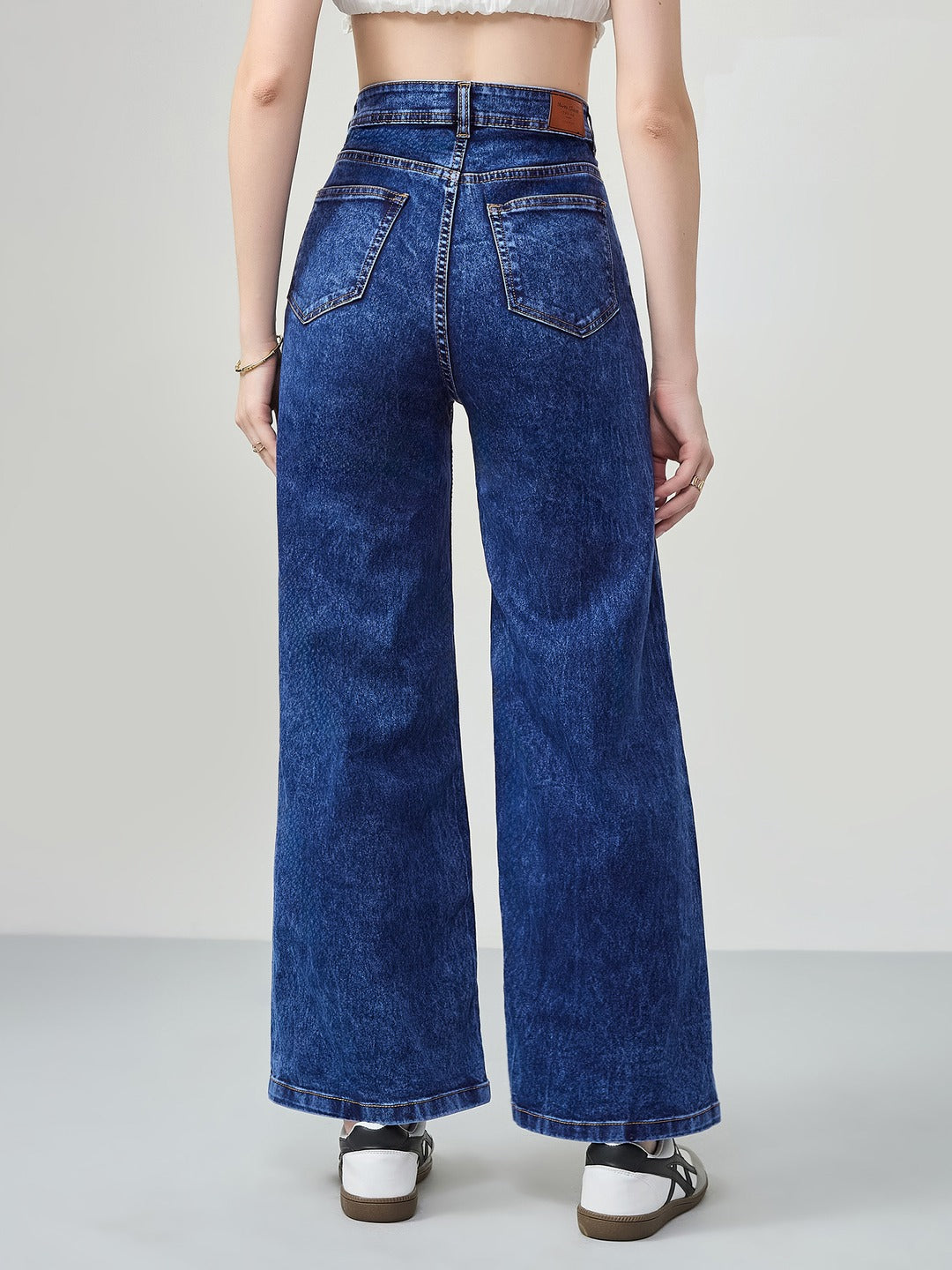 Mid Blue Wide-Leg High-Rise Stretchable Denim Jeans for Women