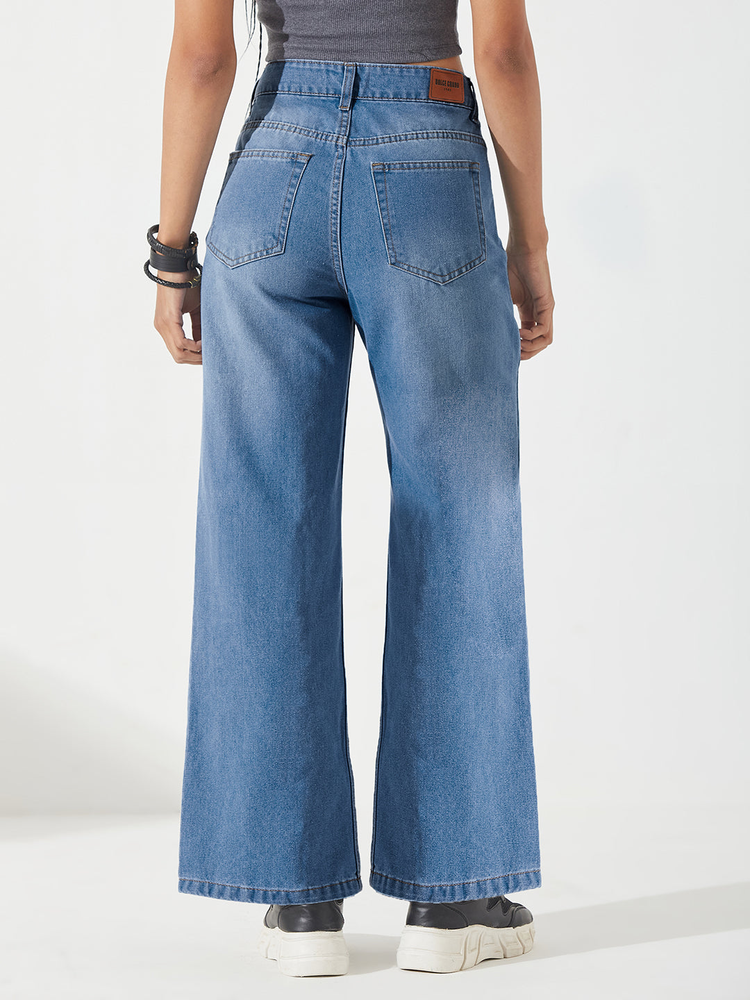 Light-Blue Wide-Leg High-Rise Clean-Look Non-stretchable Denim Jeans for Women