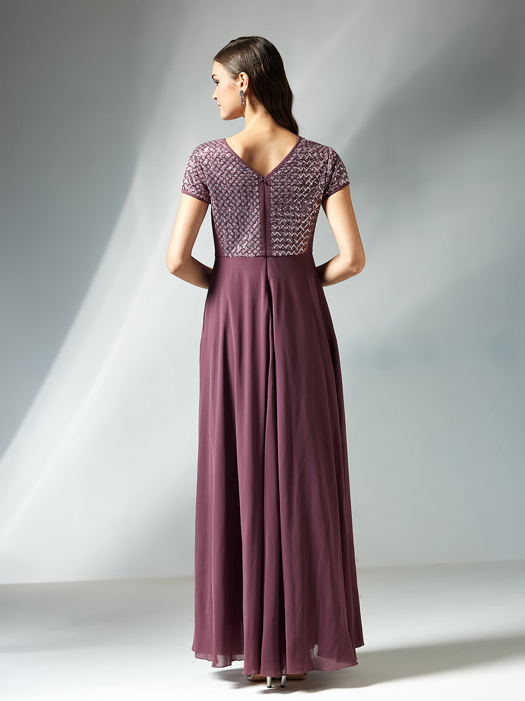 Mauve Cap Sleeves Embellished Fit and Flare Maxi Dress for Women