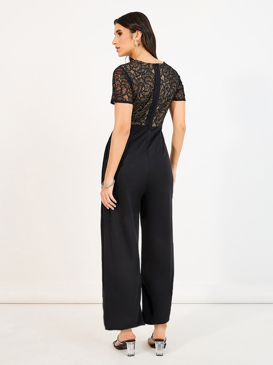 Women's Black Square-Neck Half-Sleeve Self-Designed Panelled Polyester Jumpsuit