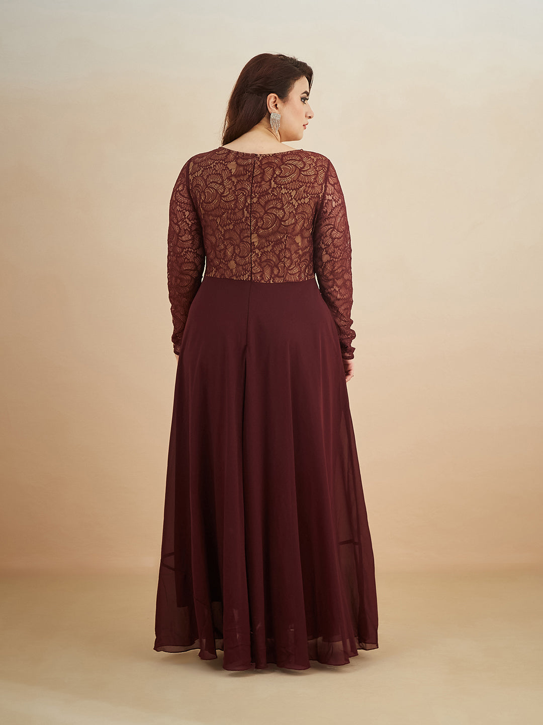 Wine V-Neck Full Sleeve Self Design Lace-Overlaid Georgette Maxi Dress for Women — Miss Chase A+